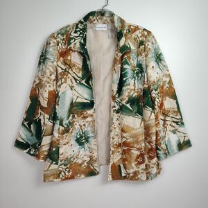 Alfred Dunner Open Blazer Women's 10 Cream, Green, Brown Collared 3/4-Sleeves